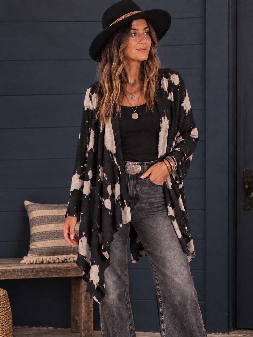 T-Party Black Acid Wash Cardigan Boho Grunge 90s Open Front Sweater Small